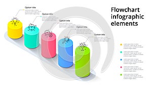 Business process chart infographics with 5 step segments. Cylindric 3d corporate timeline infograph elements. Company