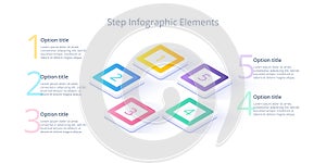 Business process chart infographics with 5 step segments. Isometric 3d corporate timeline infograph elements. Company