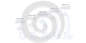 Business process chart infographics with 5 step segments. Isometric 3d corporate timeline infograph elements. Company