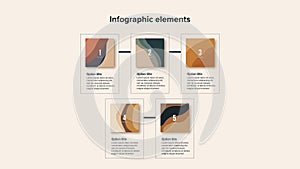 Business process chart infographics with 5 step squares. Rectangular workflow graphic elements. Company flowchart presentation