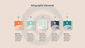 Business process chart infographics with 5 step squares. Rectangular workflow graphic elements. Company flowchart presentation