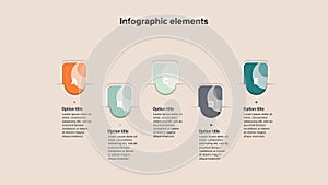 Business process chart infographics with 5 step squares. Rectangular workflow graphic elements. Company flowchart presentation