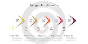 Business process chart infographics with 5 steps. Corporate workflow graphic elements. Company flowchart presentation slide