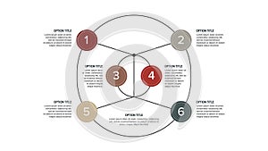 Business process chart infographics with 6 step circles. Round workflow graphic elements. Company flowchart presentation slide.