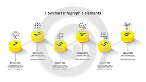 Business process chart infographics with 6 step segments. Isometric 3d corporate timeline infograph elements. Company