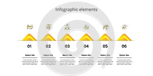 Business process chart infographics with 6 step squares. Circular corporate workflow graphic elements. Company flowchart