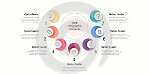 Business process chart infographics with 7 step circles. Circular corporate workflow graphic elements. Company flowchart