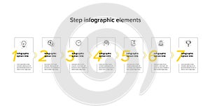 Business process chart infographics with 7 step circles. Circular corporate workflow graphic elements. Company flowchart