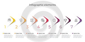 Business process chart infographics with 7 step options. Square corporate workflow graphic elements. Company flowchart