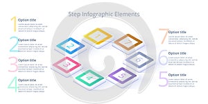 Business process chart infographics with 7 step segments. Isometric 3d corporate timeline infograph elements. Company