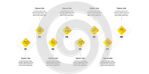 Business process chart infographics with 8 step squares. Circular corporate workflow graphic elements. Company flowchart