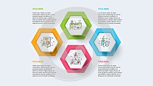 Business process chart infographics with step circles. Circular corporate timeline graphic elements. Company presentation slide te