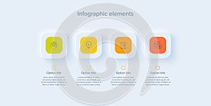Business process chart infographics with 4 steps in neumorphism design. Square corporate workflow graphic elements. Company