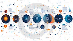 Business process flowchart with icons and data points