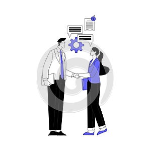 Business Process with Man and Woman Character Meet Handshaking Making Deal Vector Illustration