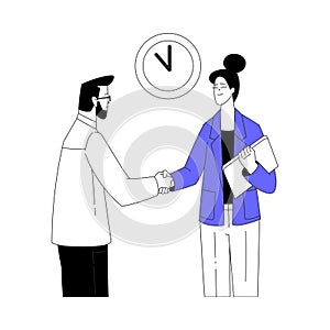 Business Process with Man and Woman Character Meet Handshaking Making Deal Vector Illustration