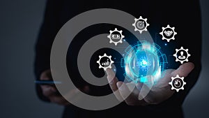 Business process management and workflow automation diagram with gears and icons with connection line network in background.