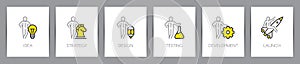 Business process. Startup concept with businessman. Web page template. Metaphors with icons