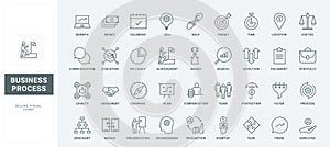 Business process, workflow organization, project and data management line icons set