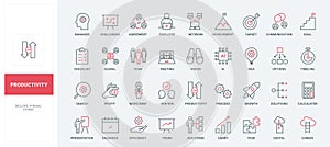 Business productivity line icons set, meeting presentation in team, profit and career