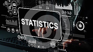 Business Professional Analyzes Data and Statistics on Digital Screen with Interactive Charts and Graphs in Modern Office