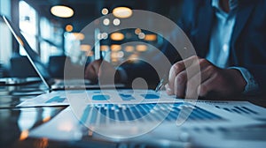 Business professional analyzing charts and data in modern office