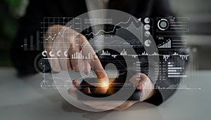 Business Professional Analyzing Data Insights on Smartphone with Digital Graphs and Analytics Visualizations in Modern