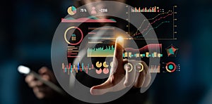 Business Professional Analyzing Digital Data with Touch Screen Interface and Colorful Graphs in Modern Office Setting