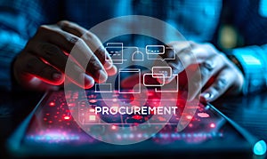 Business professional displaying icons representing key aspects of procurement process digital transformation of supply chain