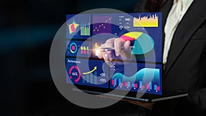 Business Professional Interacting with Futuristic Data Visualization Dashboard Displaying Analytics, Graphs, and