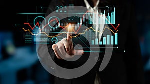 Business Professional Interacting with Futuristic Data Visualization on Touchscreen Interface in Modern Office