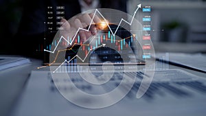 Business Professional Analyzing Financial Data and Graphs on Tablet Displaying Growth Trends and Market Analysis