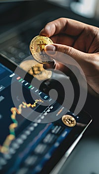 Cryptocurrency Investment Concept: Golden Coin and Digital Trading App Interface in Corporate Setting photo