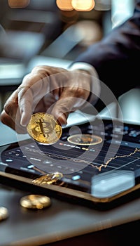 Cryptocurrency Investment Concept: Golden Coin and Digital Trading App Interface in Corporate Setting photo