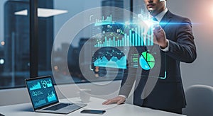 Business Professional Interacting With Advanced Financial Data Visualization Screens