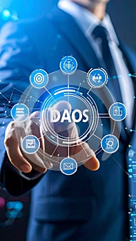Business professional interacting with DAOS interface with connected icons and elements