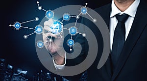 Business Professional Interacting with Digital Interface and Data Visualization for Modern Technology and Innovation