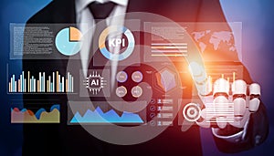 Business professional interacting with futuristic data analytics dashboard displaying graphs, charts, and performance