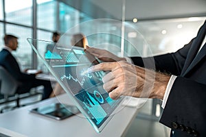 Business Professional Interacting with Futuristic Transparent Tablet Displaying Data