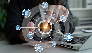 Business Professional Interacting With Technology Interface Showing Digital Connectivity and Data Management Concepts in