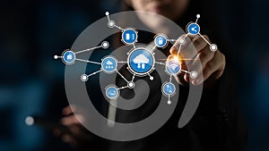 Business Professional Interacting with Virtual Technology Interface Featuring Cloud Computing, Data Connectivity, and