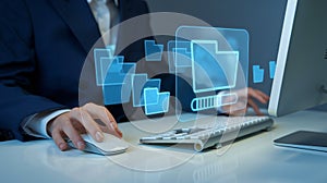 Business professional using computer with digital folder interface for file management visualization
