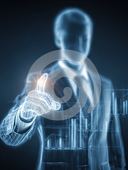 Business Professional Interacts With Digital Interface in a Futuristic Setting Showcasing Data Visualization Technology