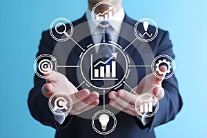 Business Professional Presenting Modern Business Growth and Technology Icons Illustration