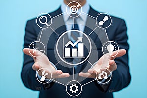 Business Professional Presenting Modern Business Growth and Technology Icons Illustration