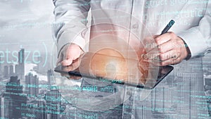 Business Professional Using Digital Tablet for Data Analysis in Modern Office Environment with Abstract Coding Overlay