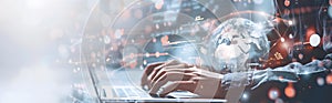 Business professional using laptop with digital global network visualization, computer programming, digital marketing