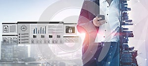Business professional using smartphone with digital interface showcasing data analysis, analytics, technology, and urban