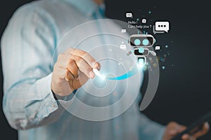 Business professional using stylus with holographic AI chatbot interface, symbolizing intelligent digital assistant, customer