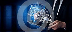 Business professional interacting with futuristic cloud computing interface showcasing data security, analytics, and